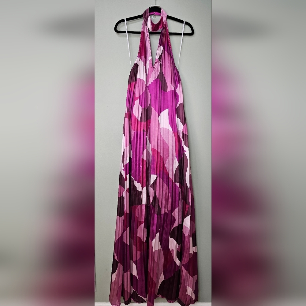 Lulus Prime Poise Pink Multi Abstract Satin Halter Maxi Dress, Size Large - Picture 9 of 12